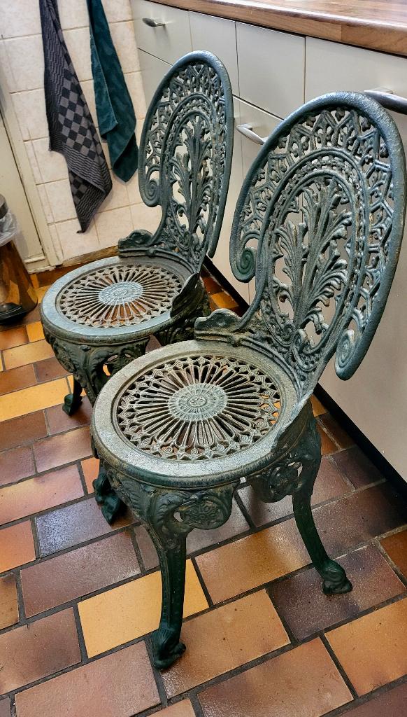 ~ French Victorian Antique Cast Iron Garden Chairs Stoelen, Ophalen, Gebruikt, Metaal
