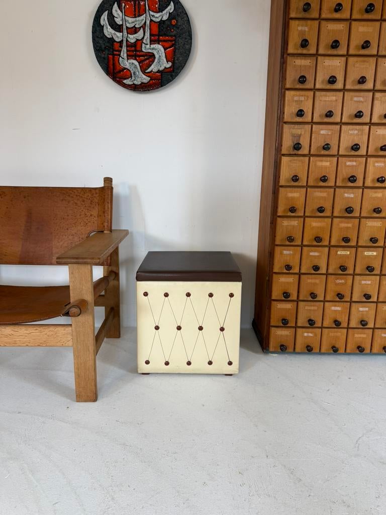 Vintage skaileren opbergbox/hocker, jaren ‘60, Hout, Minder dan 50 cm, Vintage retro buisframe design rotan webbing papercord deens