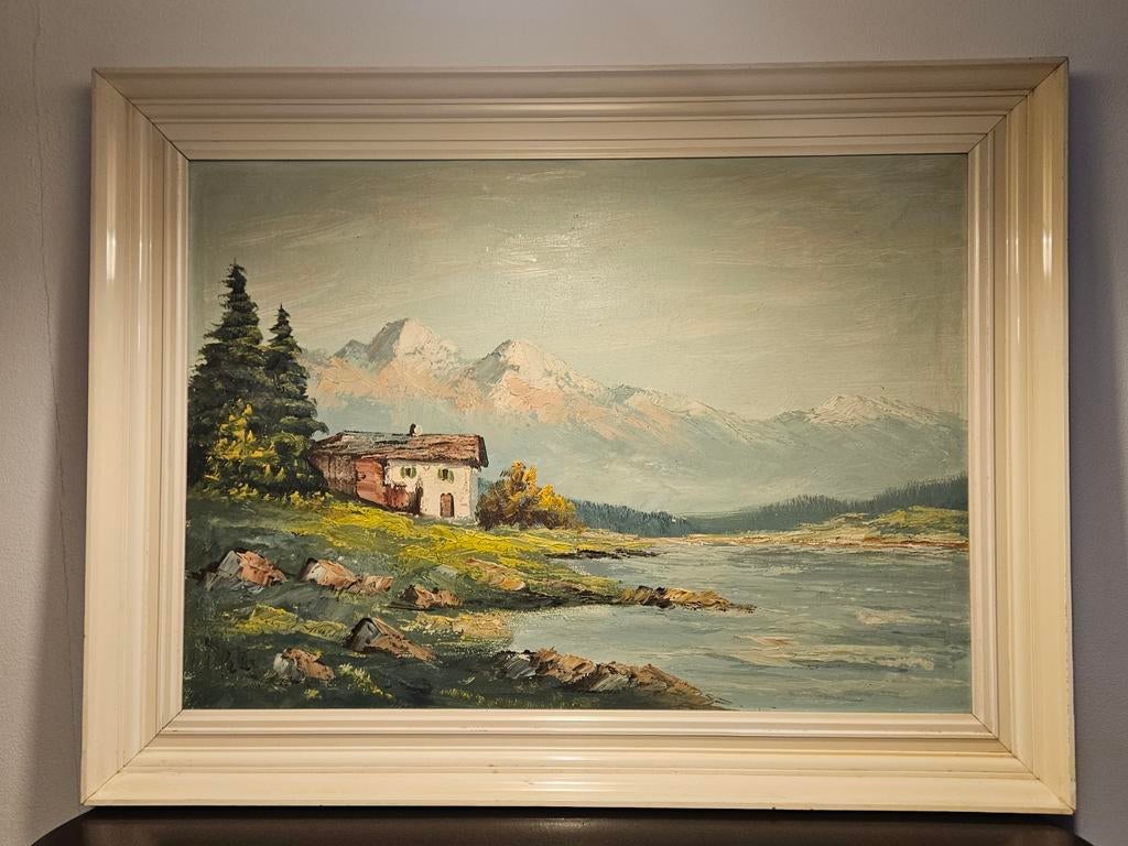 Schilderij van een huisje en een meer met bergen op de achte, Antiek en Kunst, Kunst | Schilderijen | Klassiek, Ophalen