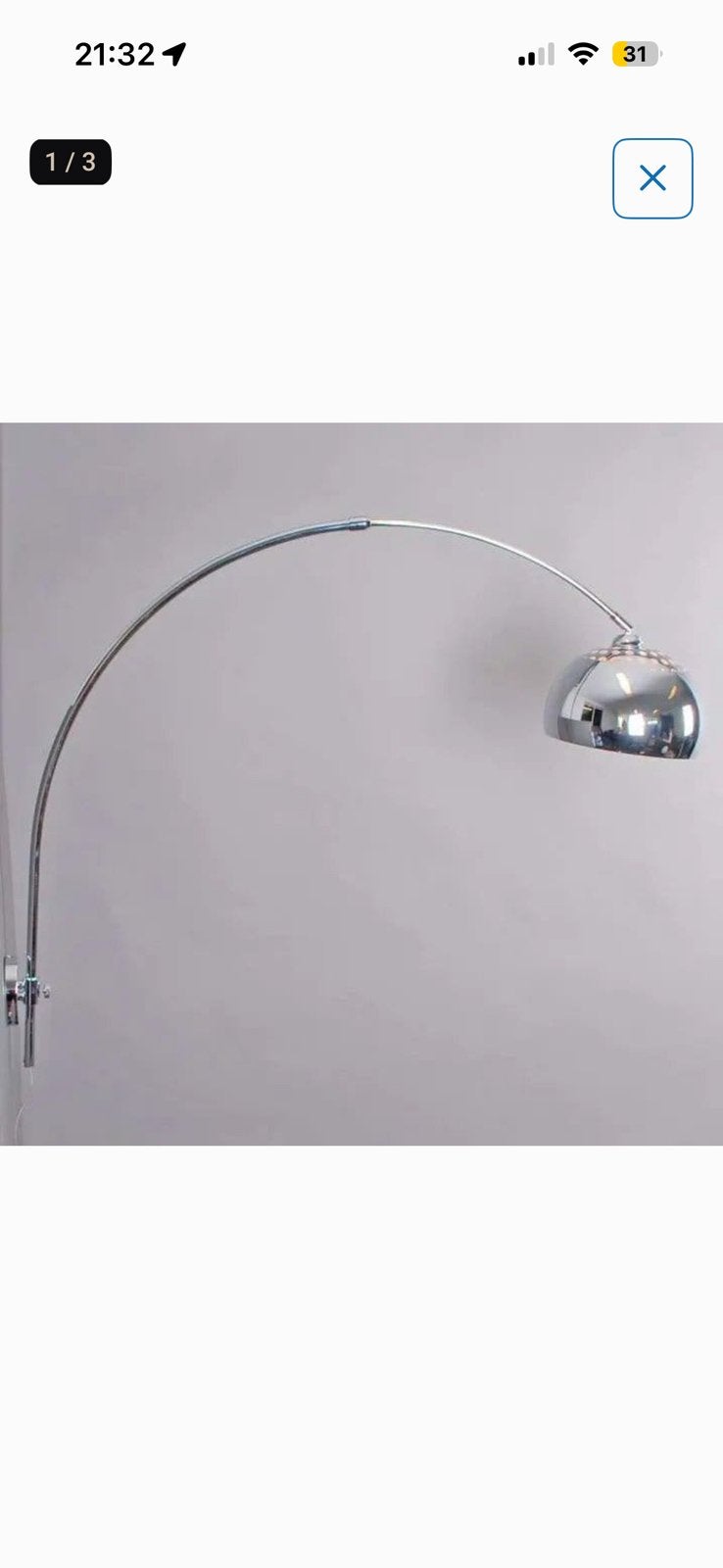 Booglamp chroom zilver muur, Ophalen, Zo goed als nieuw, Minder dan 100 cm