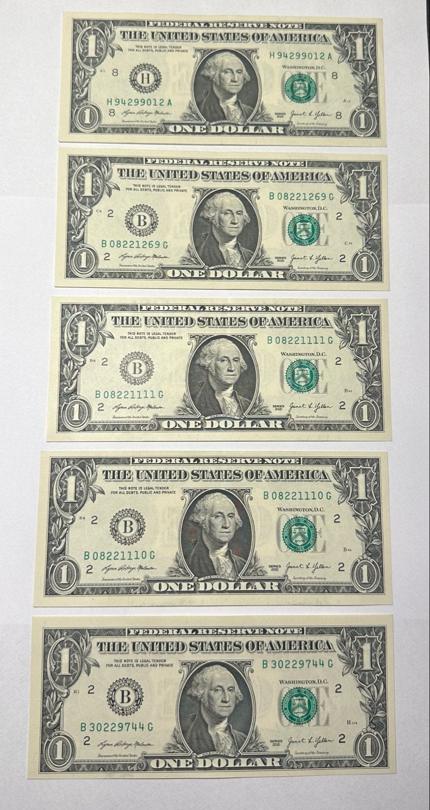 USA 5 x 1 Dollar UNC Biljetten - 2021, Ophalen of Verzenden, Noord-Amerika, Setje