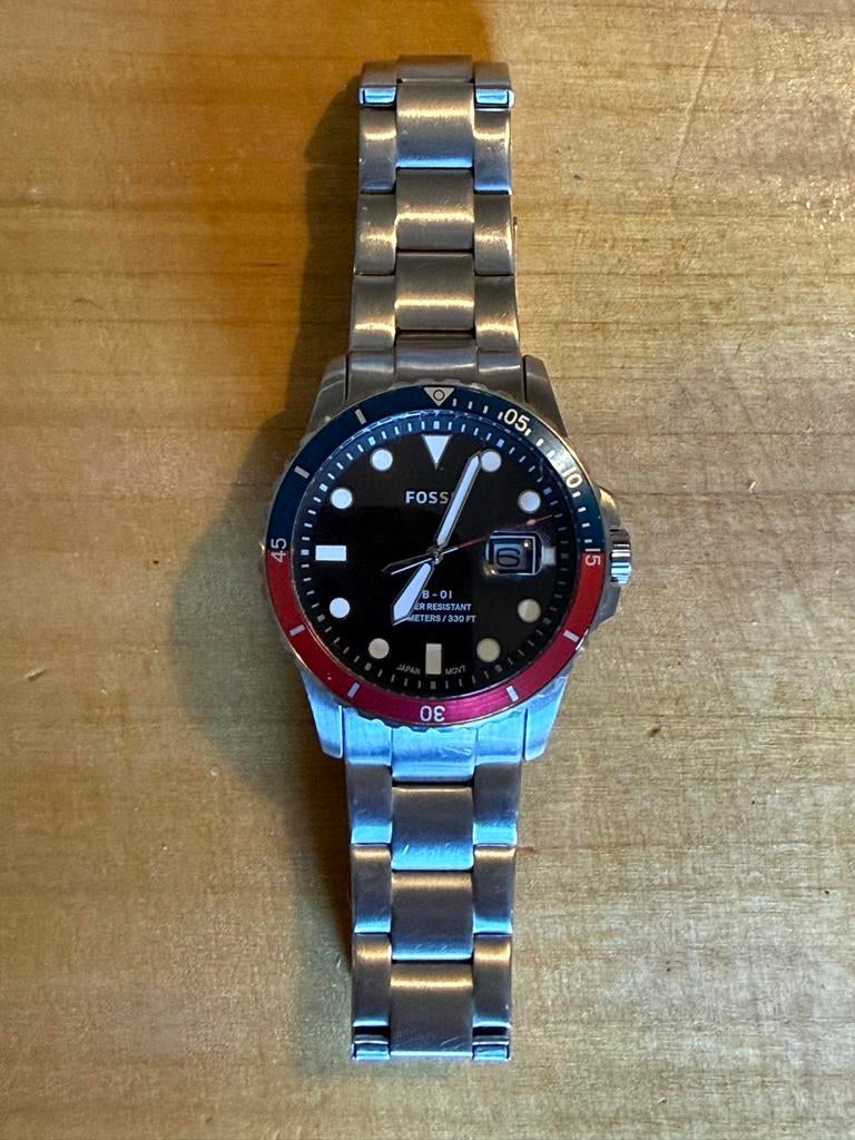 Fossil GMT FB-01 FS5657 horloge, 100m, edelstalen band, Overige merken, Gebruikt, Staal, Polshorloge