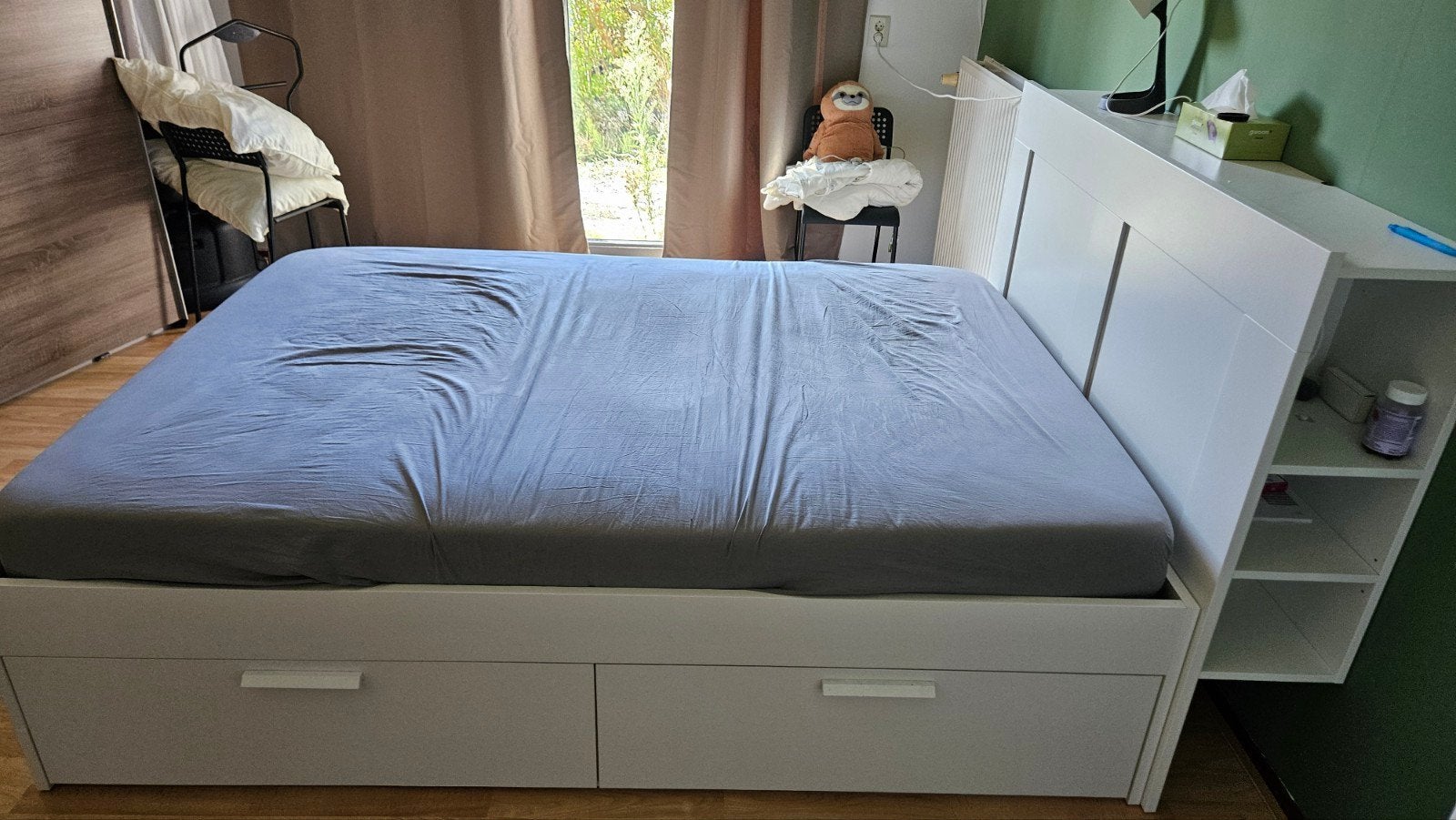 Wit tweepersoonsbed met opberglades en hoofdbord, Huis en Inrichting, Ophalen, Eenpersoons, Wit, 140 cm