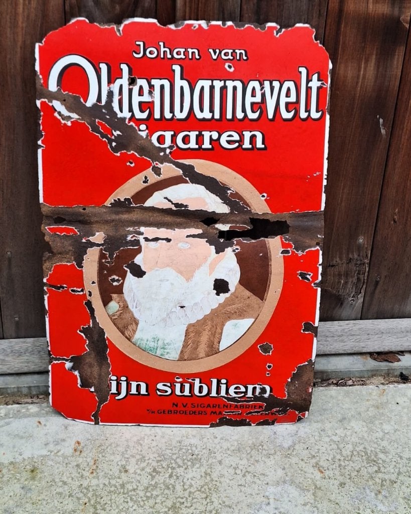 Antiek emaille bord, Johan van Oldenbarnevelt sigaren., Reclamebord, Gebruikt, ., Ophalen of Verzenden