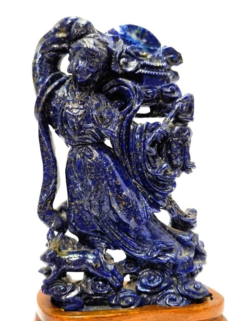 Lapis Lazuli snijwerk op houten sokkel., Natuurlijk materiaal, Blauw, Overige typen, Gesneden