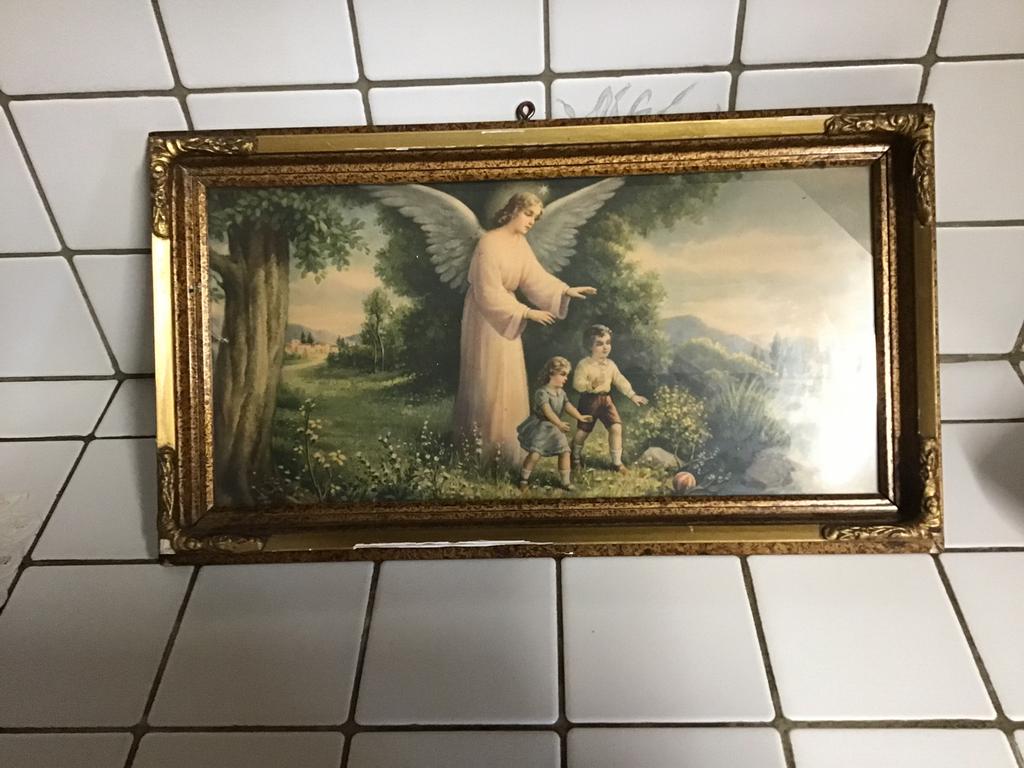 Vintage lijst met oude prent engelbewaarder, Antiek en Kunst, Ophalen of Verzenden