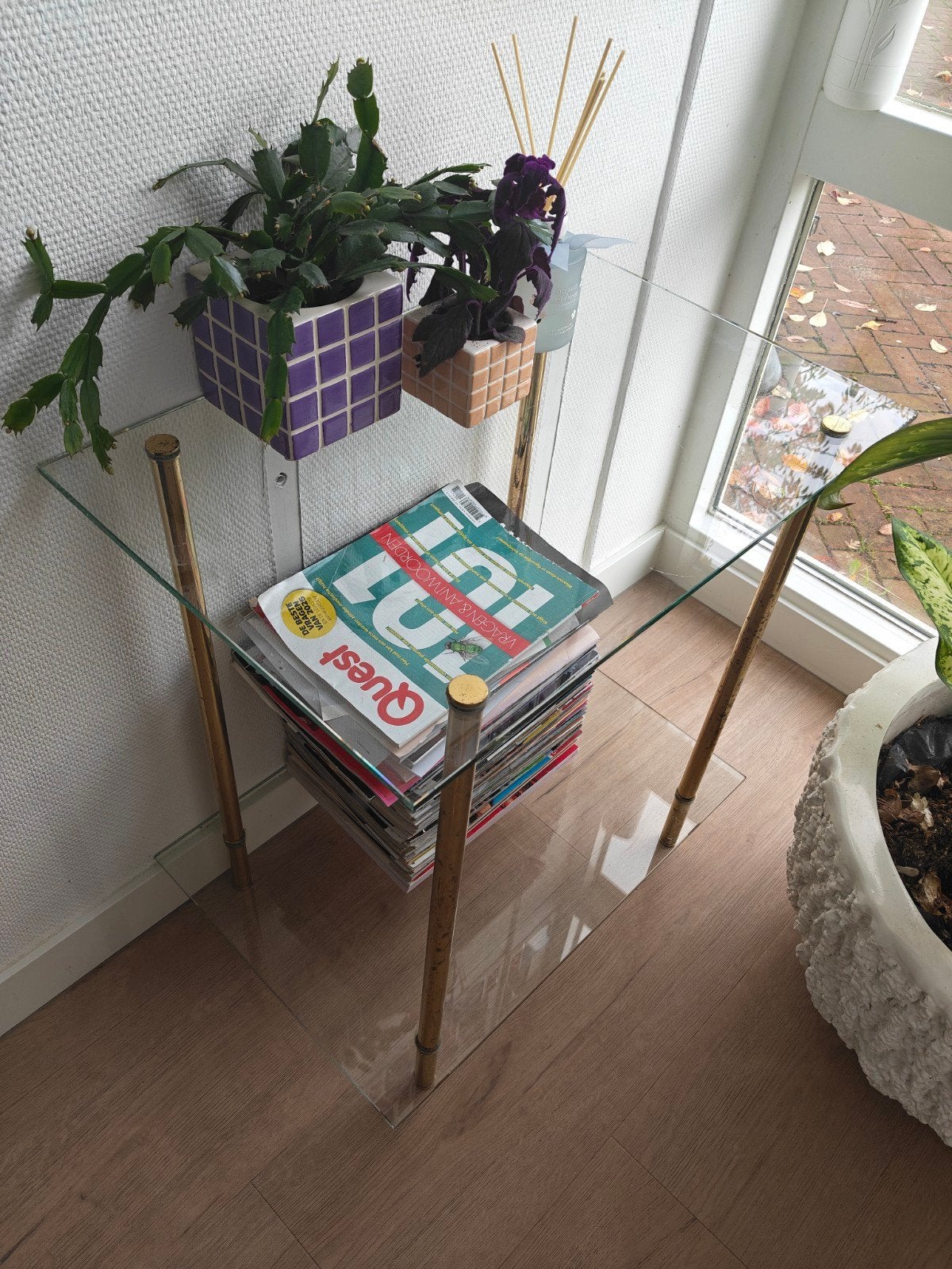 Glazen tafeltje met goud chroom, Ophalen, Minder dan 55 cm, Gebruikt, Glas