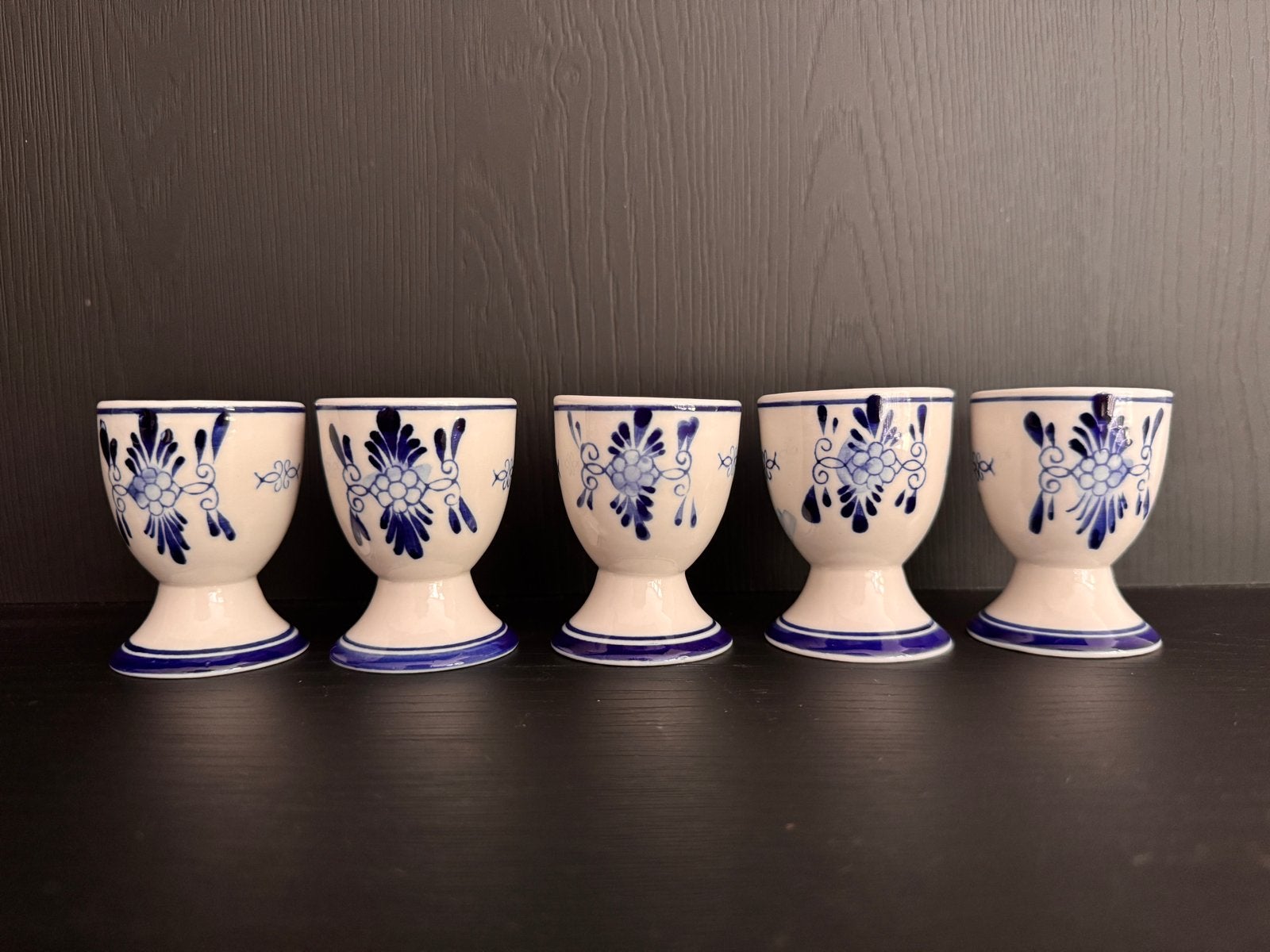5 Delftsblauwe eierdopjes met molen en bloemmotief, Keramiek, Overige typen, Ophalen of Verzenden, Zo goed als nieuw