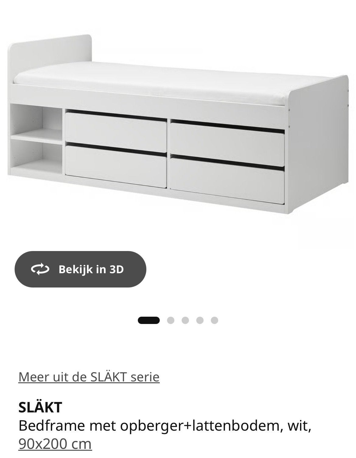 IKEA SLÄKT bedframe met opberger, wit, 90x200 cm, Huis en Inrichting, Ophalen, 90 cm, Eenpersoons, Wit