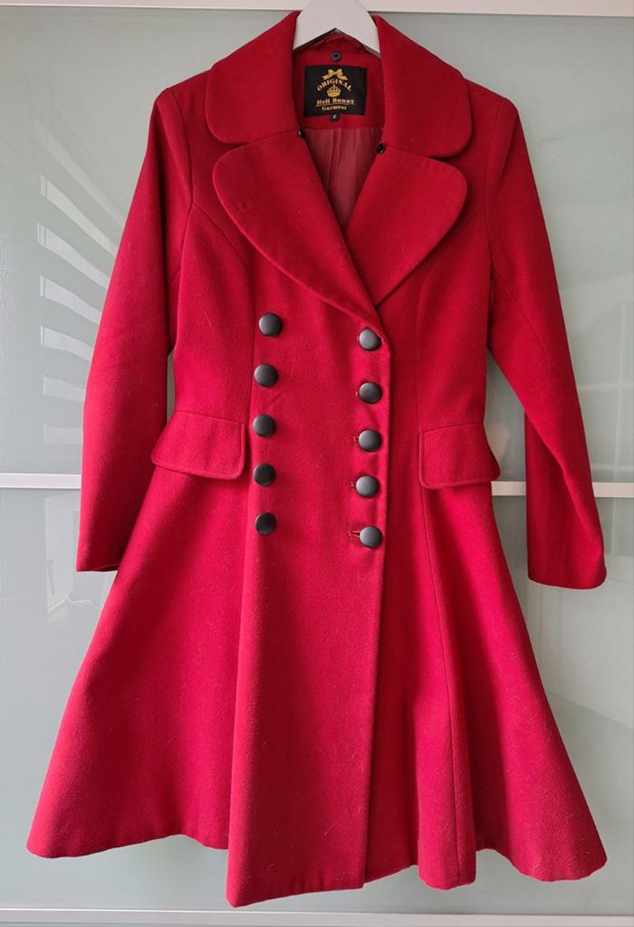 Tussen mantel jas Hell Bunny lang vintage rood maat 36, Kleding | Dames, Ophalen of Verzenden, Zo goed als nieuw, Maat 36 (S)