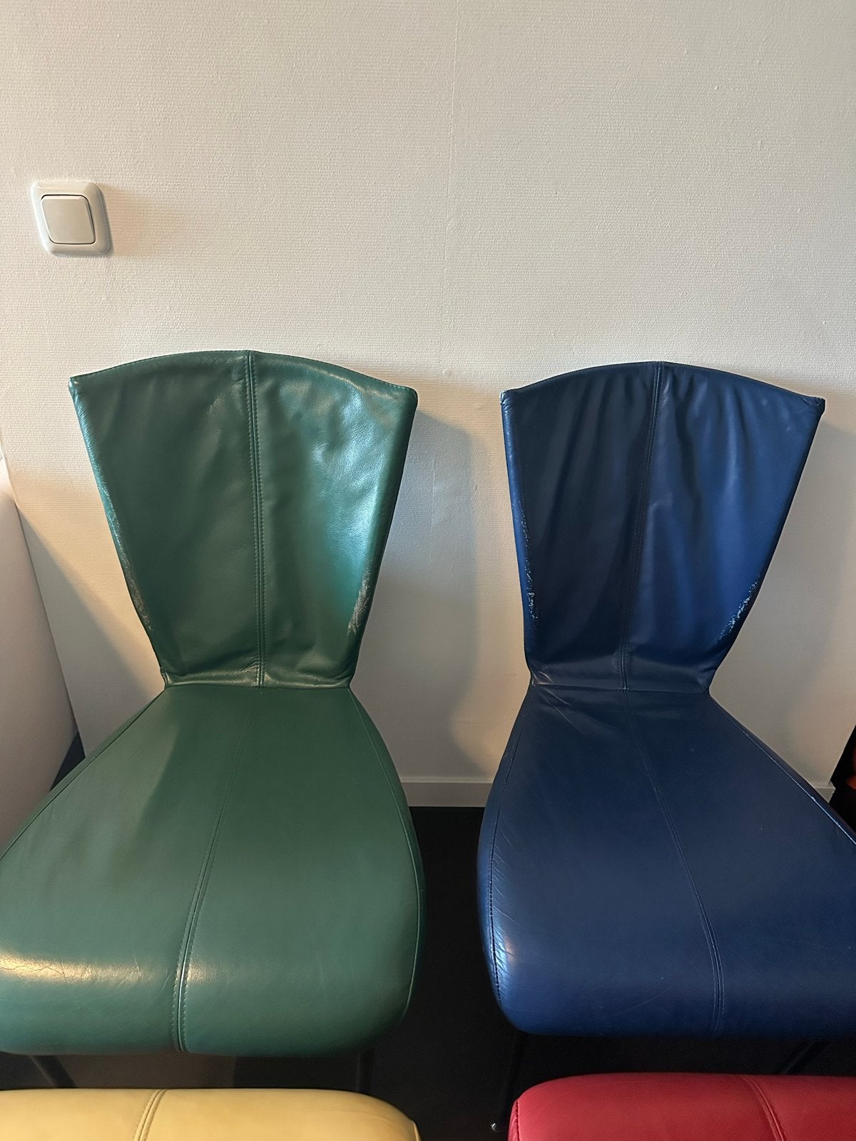 Set van 4 leren eetkamerstoelen (rood, blauw, geel, groen), Ophalen, Gebruikt, Overige kleuren, Leer