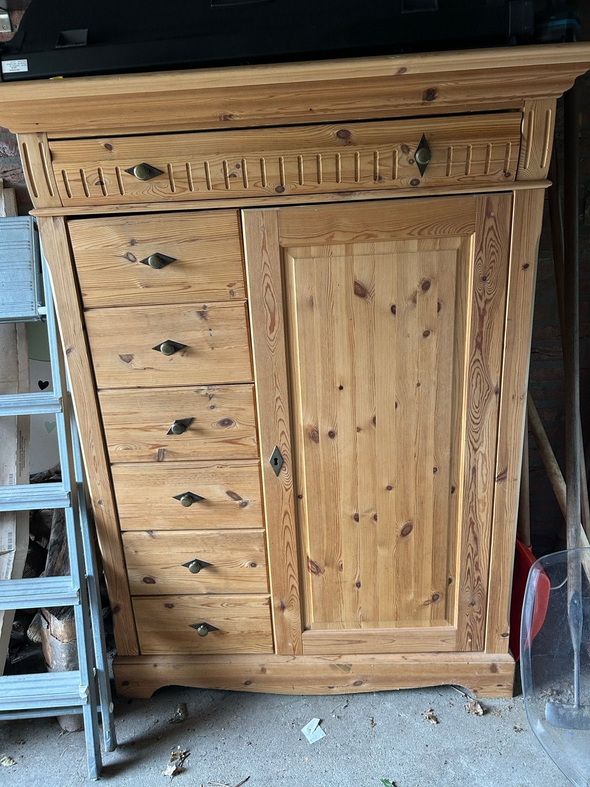 Grenen vintage kast met lades en planken, Ophalen, Gebruikt, 100 tot 150 cm, 5 laden of meer