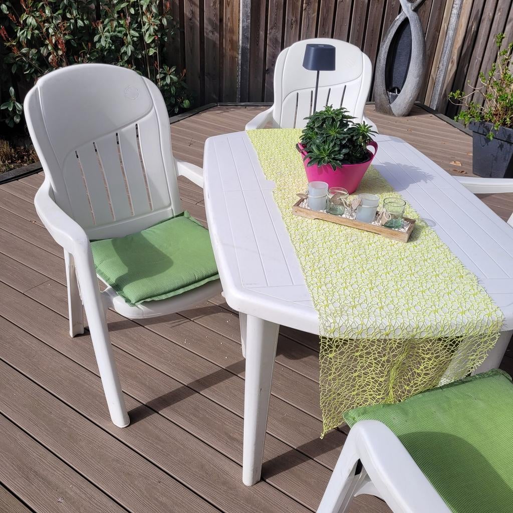 Witte kunststof tuinset tafel Hartman met 4 stoelen, Ophalen, 4 zitplaatsen, Kunststof, Gebruikt