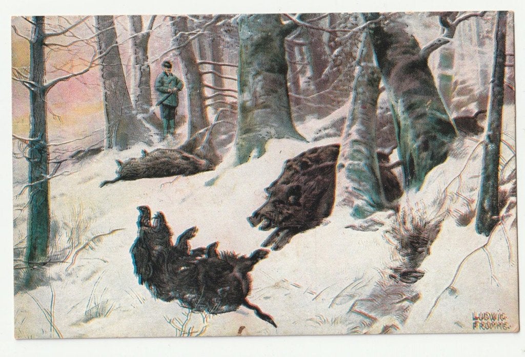 Jager jacht wilde zwijnen oude ansichtkaart, Verzenden, Voor 1920, Gelopen, Ambachten of Beroep