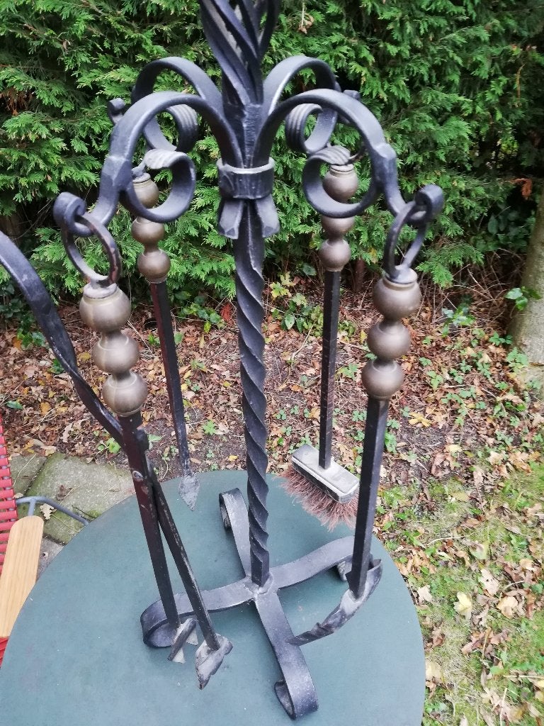 Groot robuust ijzeren haardstel, messing knoppen, 85cm hoog, Ophalen, Zo goed als nieuw, Zwart, Metaal