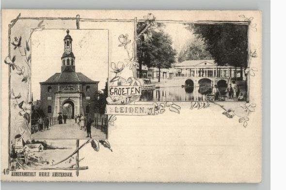 Leiden lithokaart st 1899 uitg Kunstanstalt HERZ TOPKaart, Ophalen of Verzenden, Voor 1920, Gelopen, Zuid-Holland