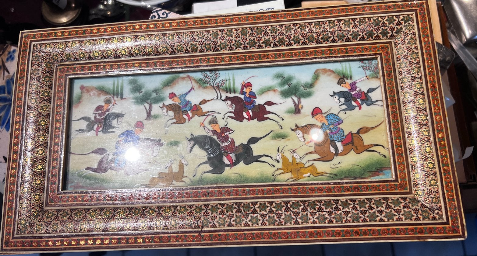 Perzische miniatuur schildering in ingelegd frame, Ophalen of Verzenden