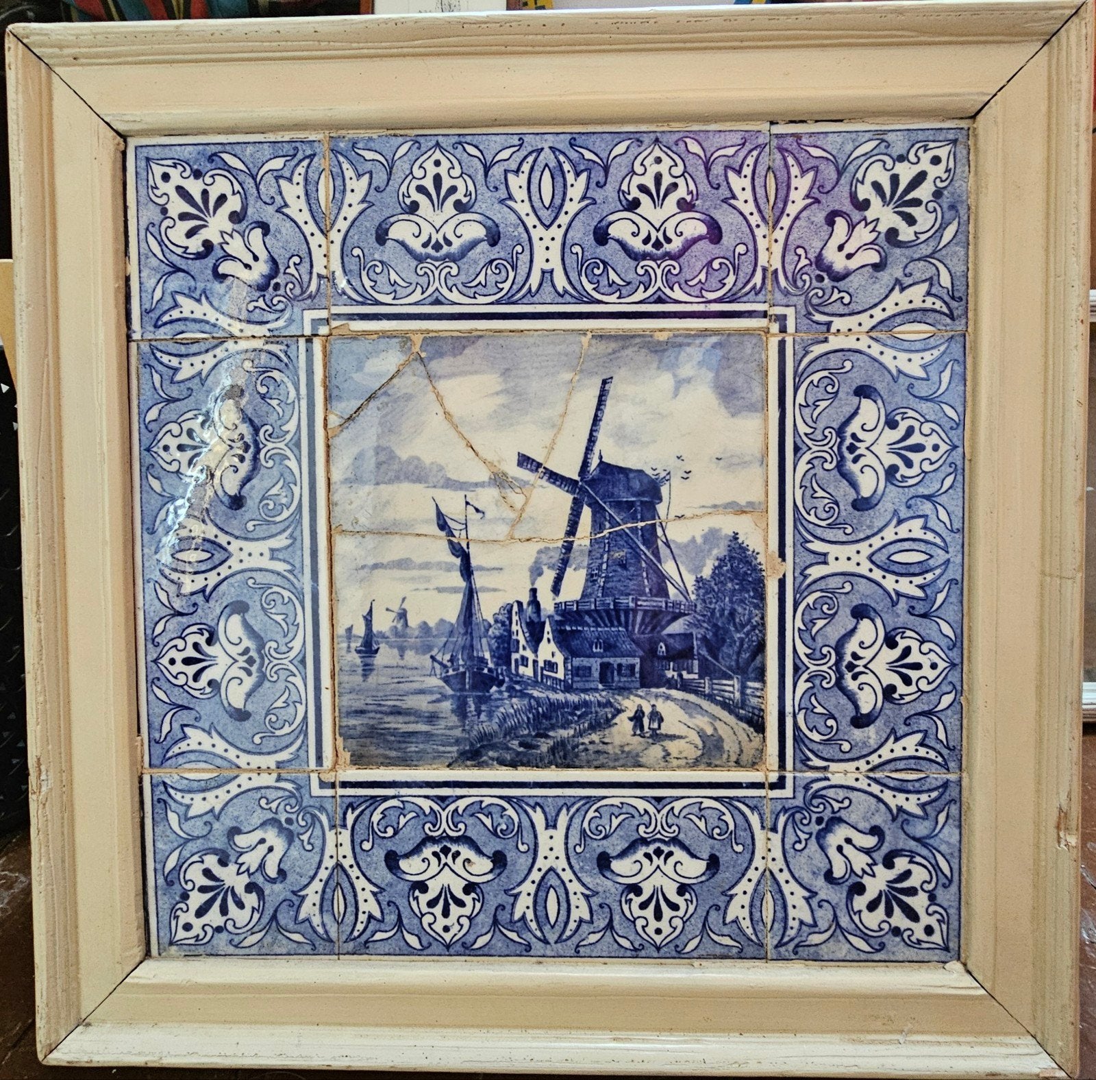 Delfts Blauw Tegeltableau met Molen en Schepen, Ophalen of Verzenden