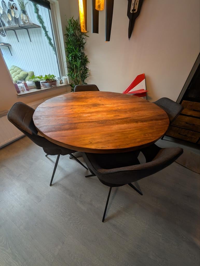 Ronde mango houten tafel, Huis en Inrichting, Tafels | Eettafels, Ophalen, Rond, Zo goed als nieuw, 100 tot 150 cm