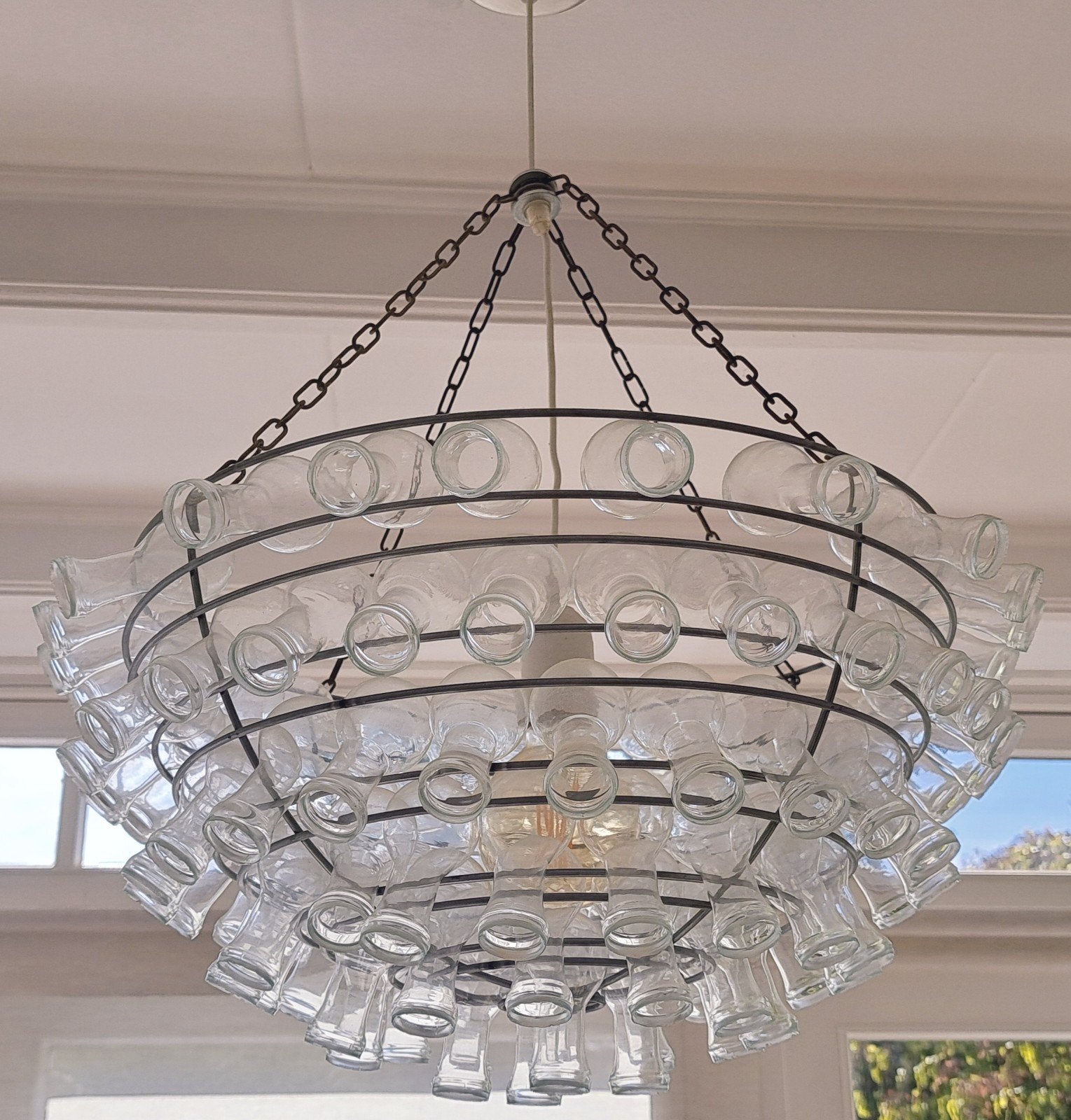 Unieke kroonluchter met flesjes, Ophalen of Verzenden, Gebruikt, Glas, Uniek, Industrieel, Upcycled