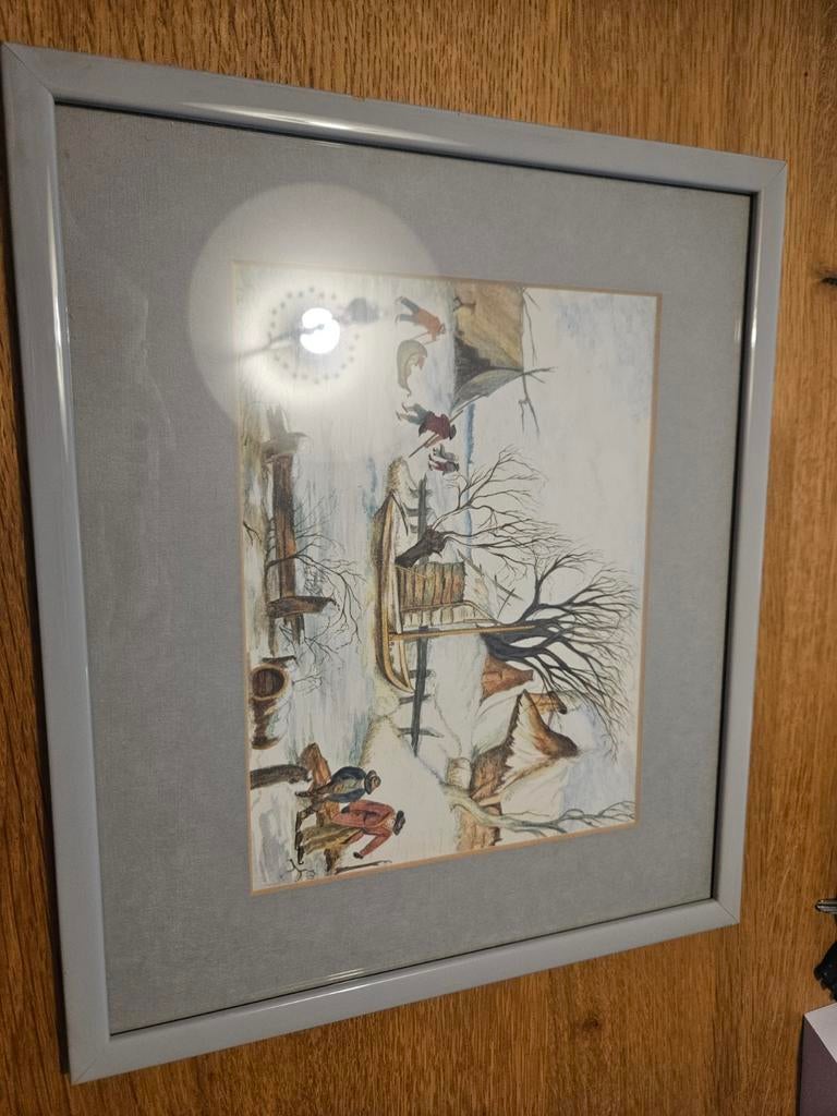 Ingelijste winterse aquarel met schaatsers, Ophalen
