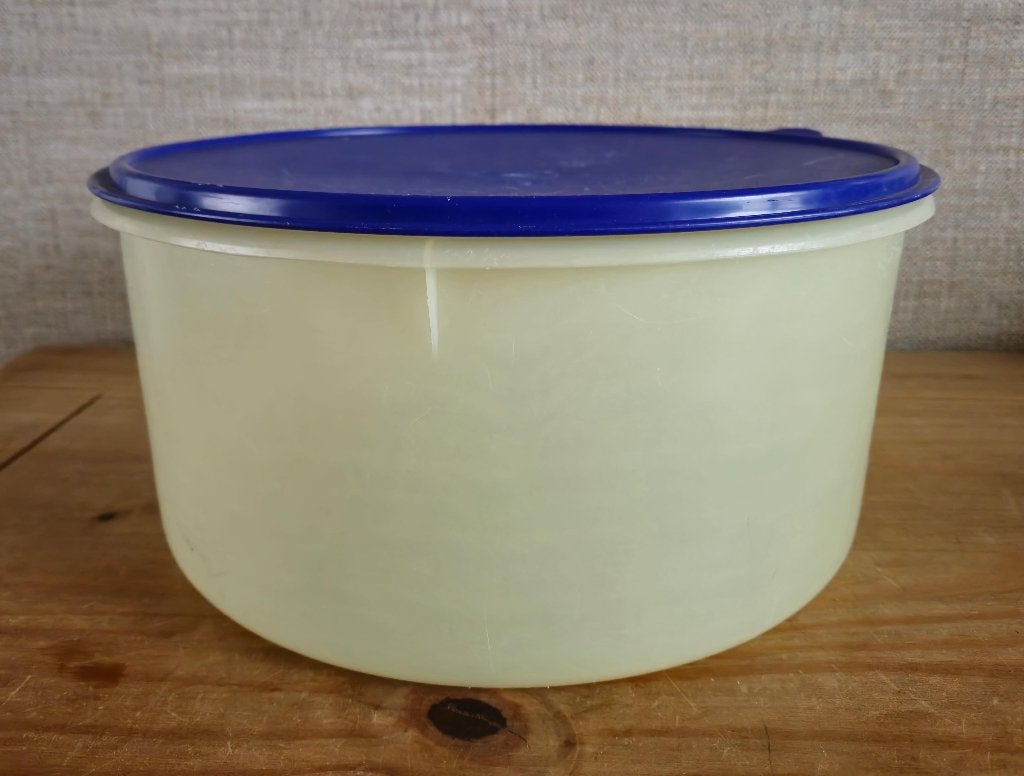 Tupperware grote bak/kom Ø31cm Hoogte 15cm Geel met blauw, Ophalen of Verzenden, Blauw, Bak of Kom, Met deksel