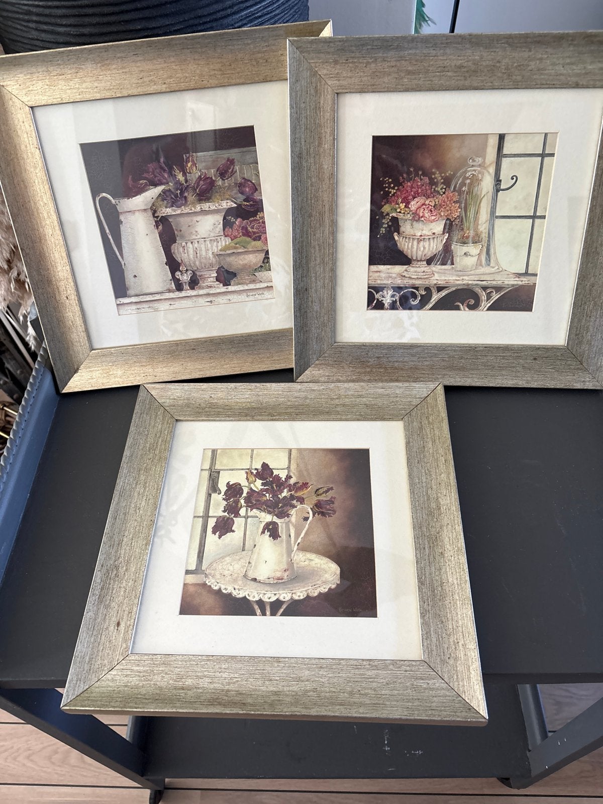 Set van 3 ingelijste prints met bloemmotieven kathryn white, Verzenden, Gebruikt, Print, Minder dan 50 cm