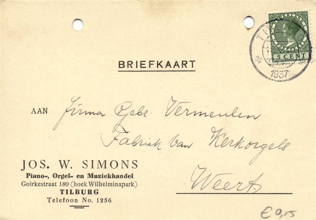 Jos. W. Simons, Tilburg - 05.1937 - briefkaart, Ophalen of Verzenden, Briefkaart