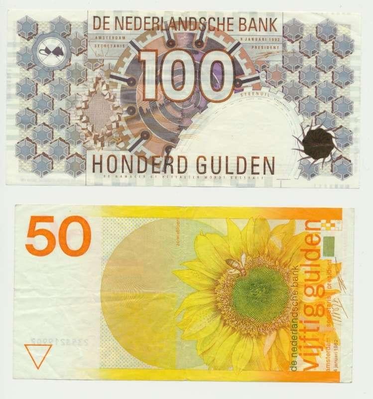 Nederland set 50 Gulden zonnebloem en 100 gulden steenuil