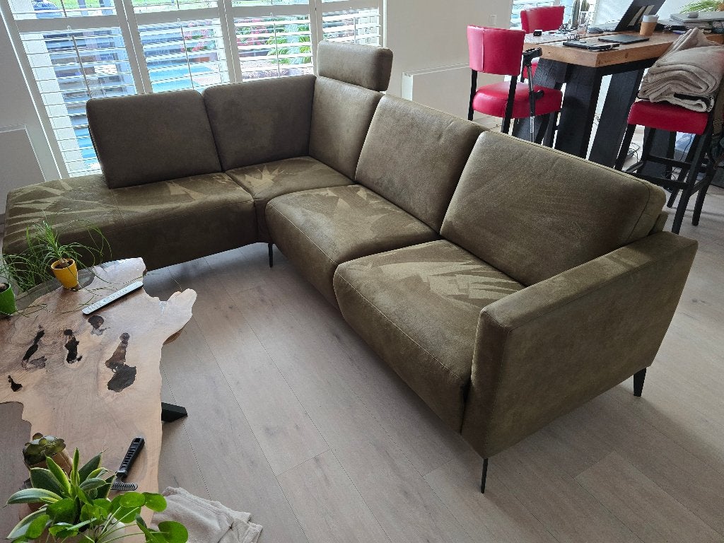Hoogenboezem Hesia hoekbank 4-delig (1 deel relax) mosgroen, Huis en Inrichting, Ophalen, 250 tot 300 cm, Hoekbank, Zo goed als nieuw