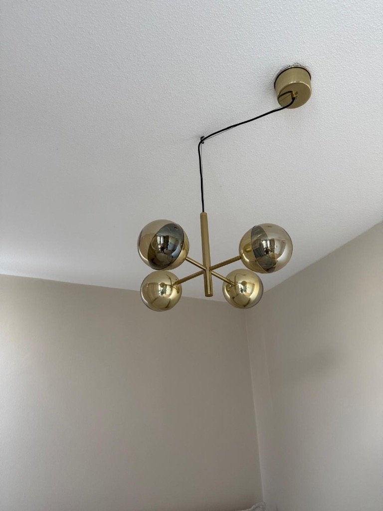 Messing hanglamp met 4 smoke glazen bollen, design, Ophalen, Zo goed als nieuw, Glas, 50 tot 75 cm