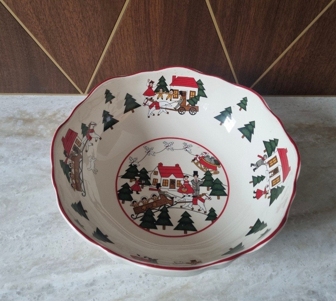 Mason's Christmas Village Extra Grote Serveerschaal Nieuw, Handbeschilderd, Porselein of Keramiek, Schaal, Rond