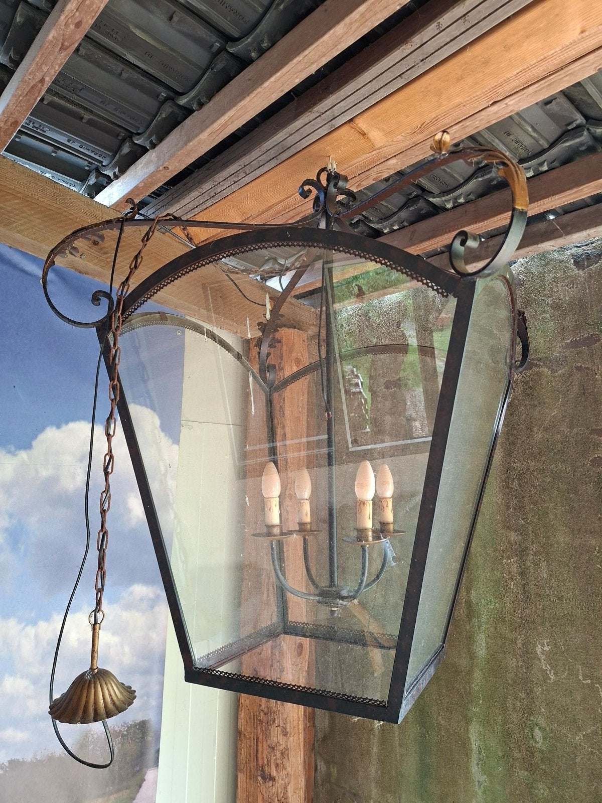 Grote antieke stallamp / buitenlamp met 4 lichtpunten, Ophalen