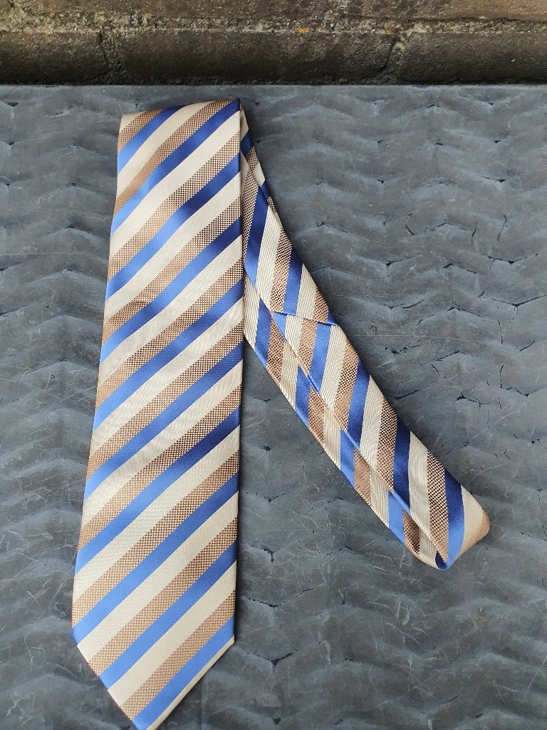 Krämer Silk Tie | Beige Blue Stripe, Kleding | Heren, Ophalen of Verzenden, Zo goed als nieuw, Beige