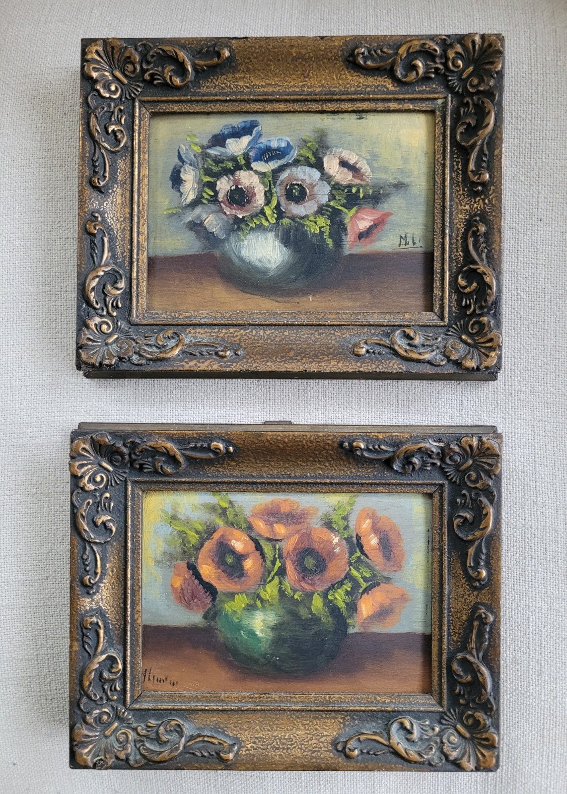 2 x Klein paneeltje met anemonen/ klaprozen in barok lijstje, Bloemen, Paneel, Olieverf, Klassiek