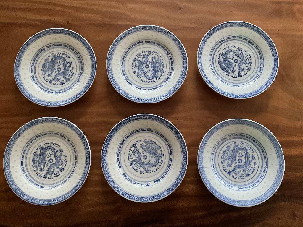 6 bordjes Chinese rijstkorrel schoteltjes, Antiek en Kunst, Ophalen of Verzenden