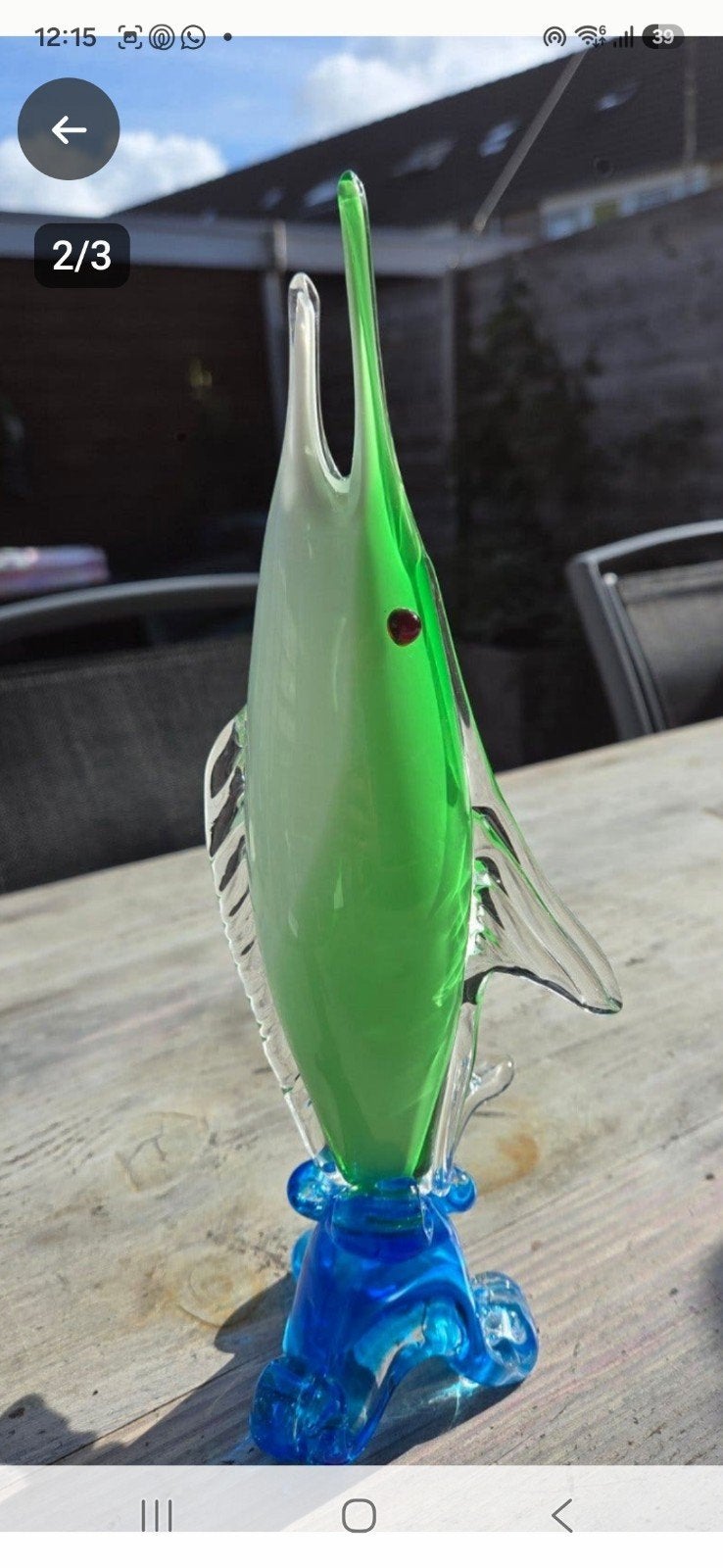 Glazen vis decoratie - Groen met blauwe voet, Antiek en Kunst, Antiek | Glas en Kristal, Ophalen of Verzenden
