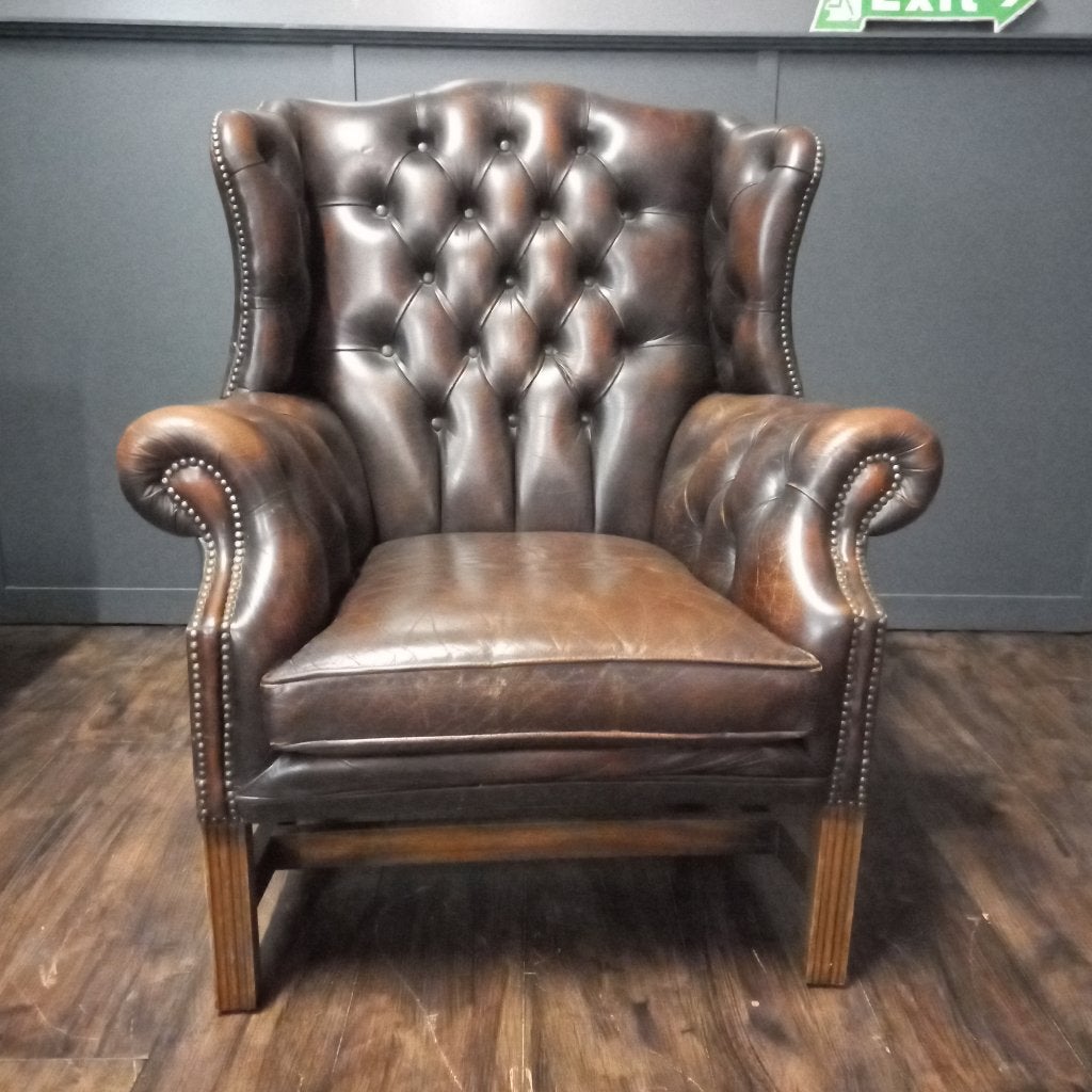 Vintage Engelse leren oorfauteuil Wingchair George III, Huis en Inrichting, Fauteuils, Gebruikt, Ophalen of Verzenden, 50 tot 75 cm