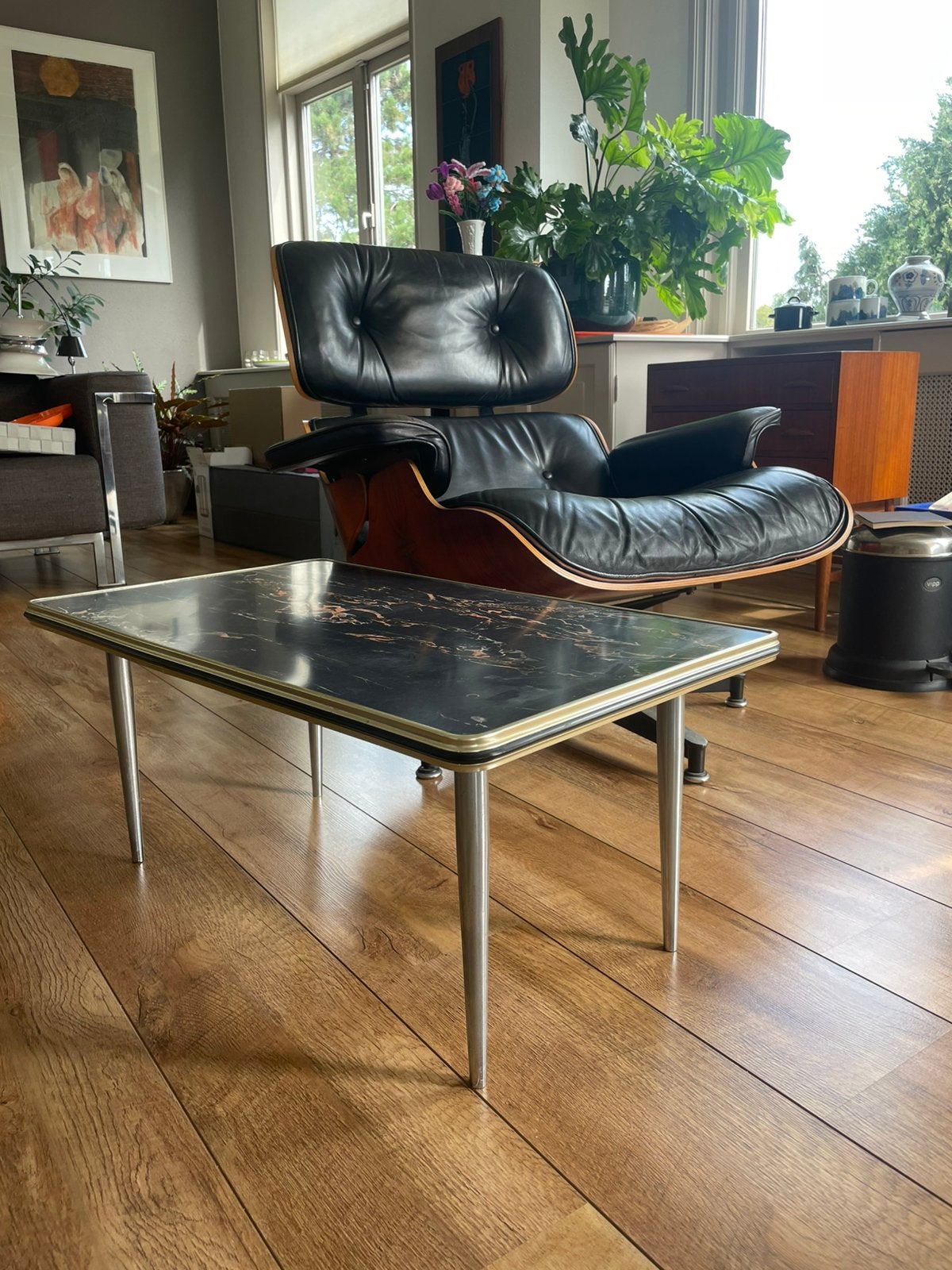 Vintage Mid-Century Salontafel – Zwart Goud Marmerlook, Ophalen, Kunststof, Gebruikt, Minder dan 50 cm