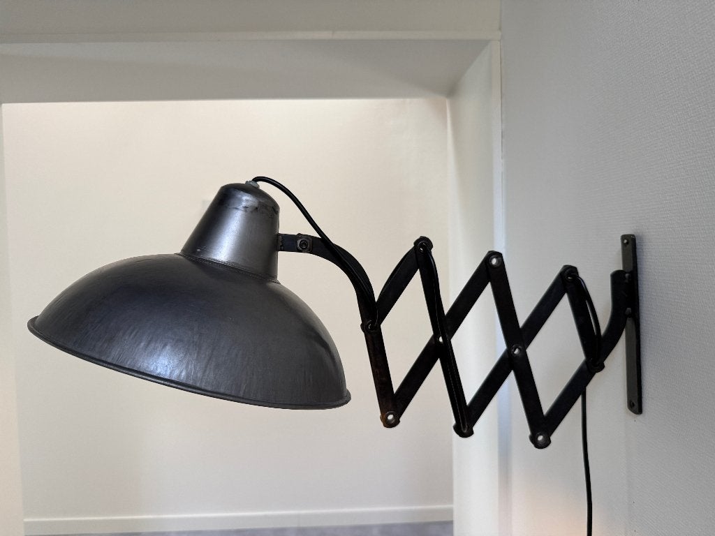 Vintage industriële schaarlamp wandlamp, Huis en Inrichting, Lampen | Wandlampen, Ophalen of Verzenden, Gebruikt, Metaal, Vintage Industrieel