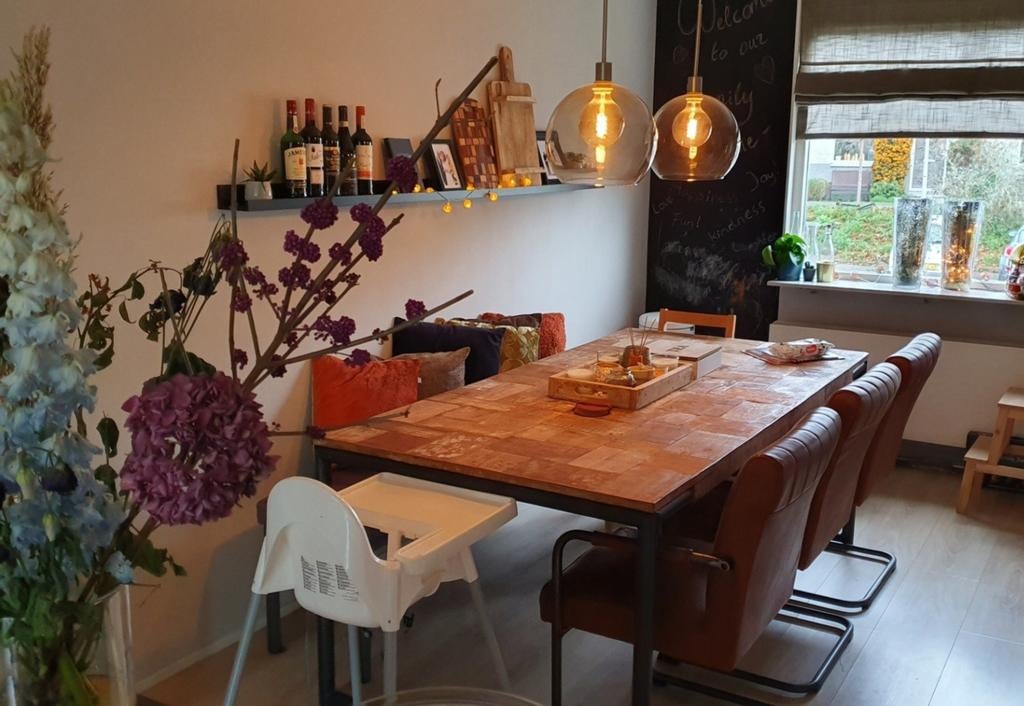 Unieke eettafel industrieel teak/ zware kwaliteit, Huis en Inrichting, Ophalen, 150 tot 200 cm, Teakhout, 200 cm of meer