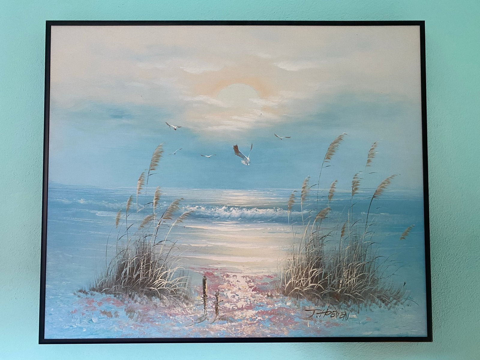 Schilderij zonsondergang strand met riet en vogels, Antiek en Kunst, Kunst | Schilderijen | Klassiek, Maritiem / water, Doek, Realistisch