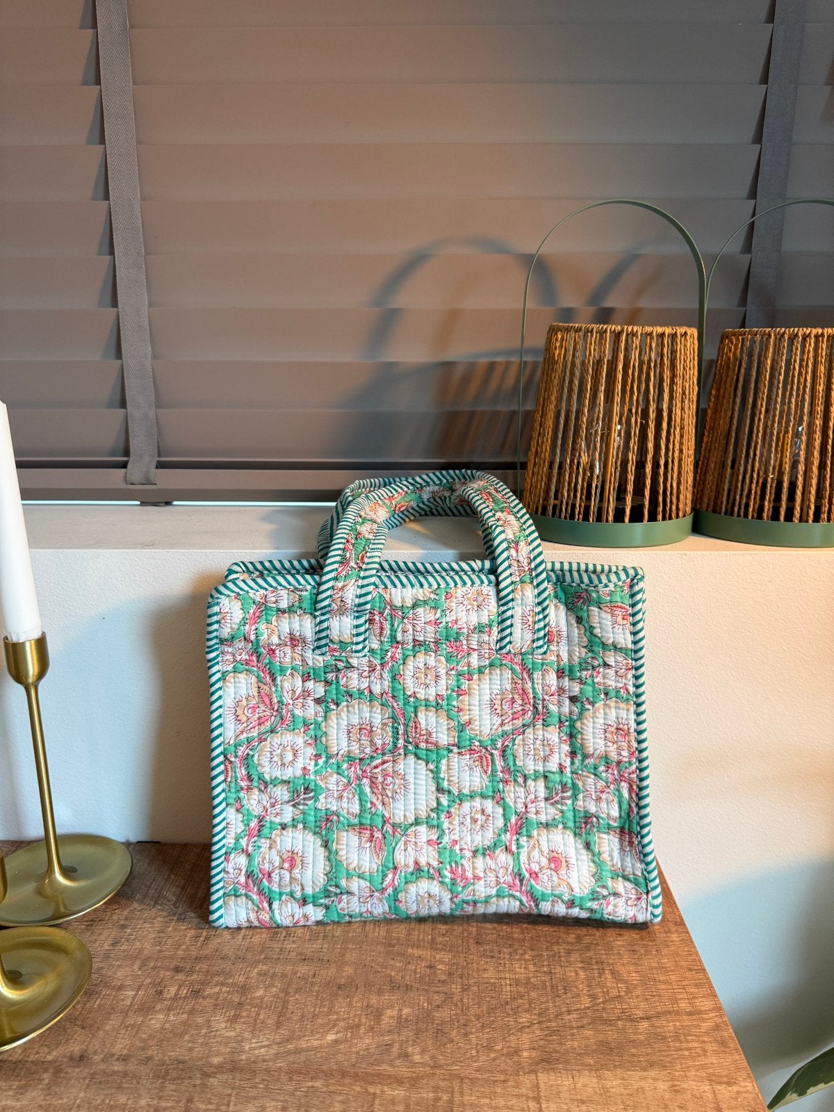 Gevoerde Shopper met Bloemenprint - Groen/Wit, Ophalen, Zo goed als nieuw, Groen, Shopper
