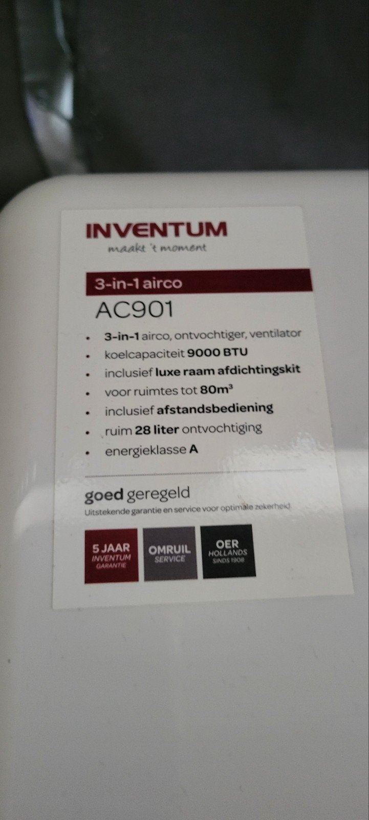 Inventum AC901 3-in-1 Airco, Witgoed en Apparatuur, Ophalen, Koelen en Ontvochtigen, Timer, 3 snelheden of meer