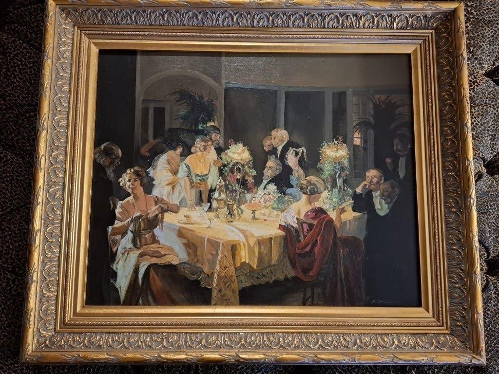 Olieverf Feestelijk Gezelschap – In Stijl Jules Grün–63x53cm, Ophalen