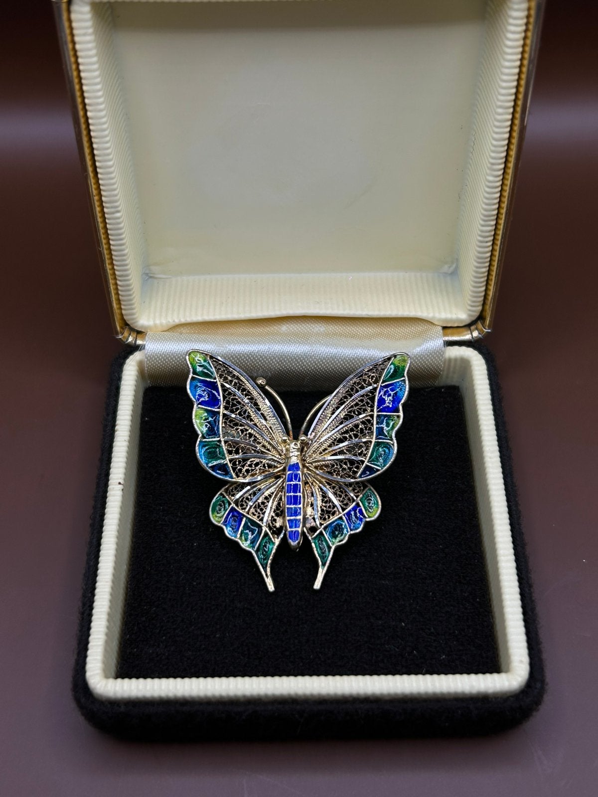Portugese filegraanzilveren, goldplated vlinder broche, Minder dan 4 cm, Ophalen of Verzenden, Zo goed als nieuw, Goud