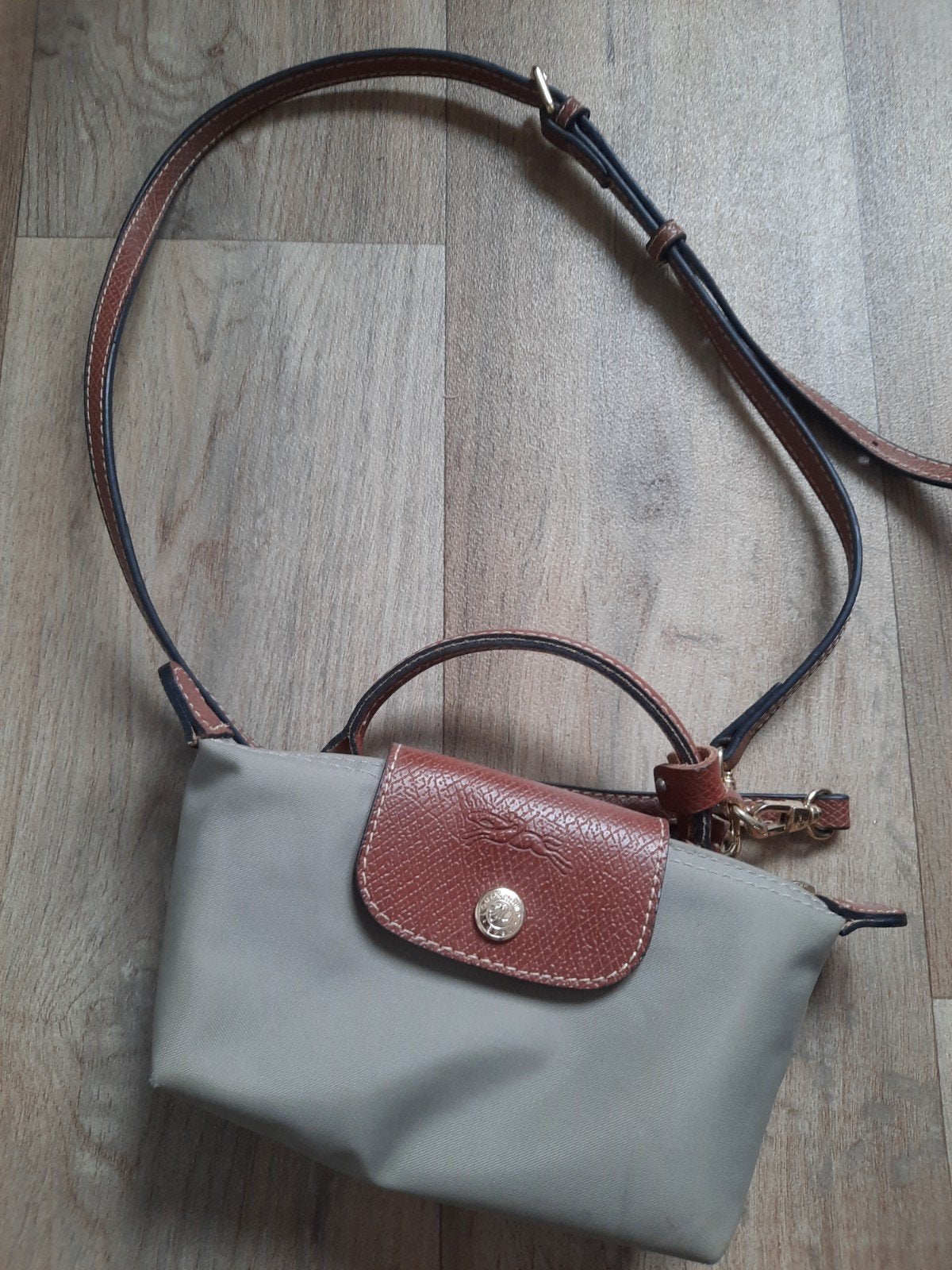 Longchamp Le Pliage schoudertasje - Grijs/Bruin, Ophalen of Verzenden, Gebruikt, Grijs, Schoudertasje