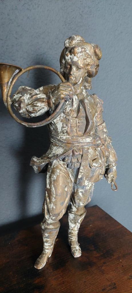 Jager met Hoorn Beeld - 33cm-verguld spelter, Ophalen of Verzenden, 20 - 50 cm, Beeld, Goud