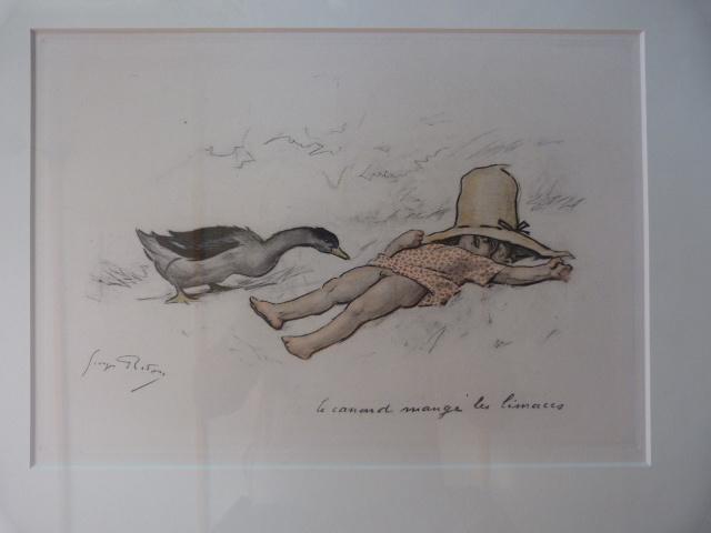 Georges Redon - Le canard mange les limaces, Ingelijst, 50 cm, Ophalen of Verzenden, 1900 - 1949