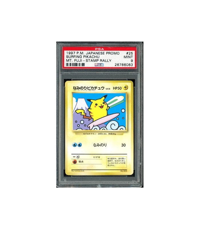 Pokemon Surfing Pikachu Mt. Fuji Stamp Rally Promo 025 PSA 9, Ophalen of Verzenden, Zo goed als nieuw, Losse kaart, Foil